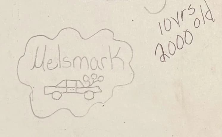 The original Melsmark logo — a car with balloons — drawn by Mel at age 10