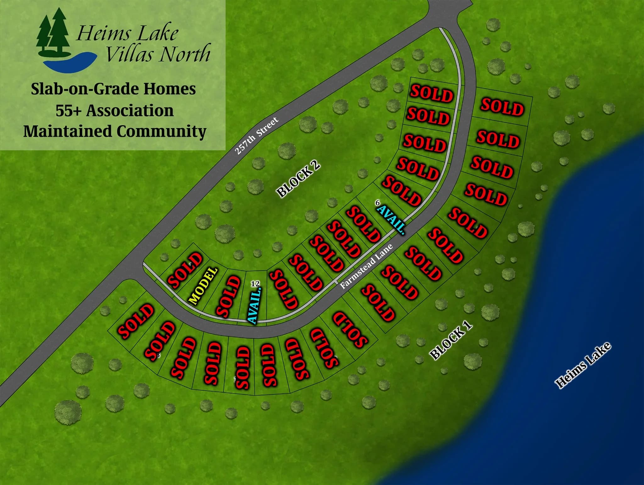 Plat map for a 55 plus villa community with lake access