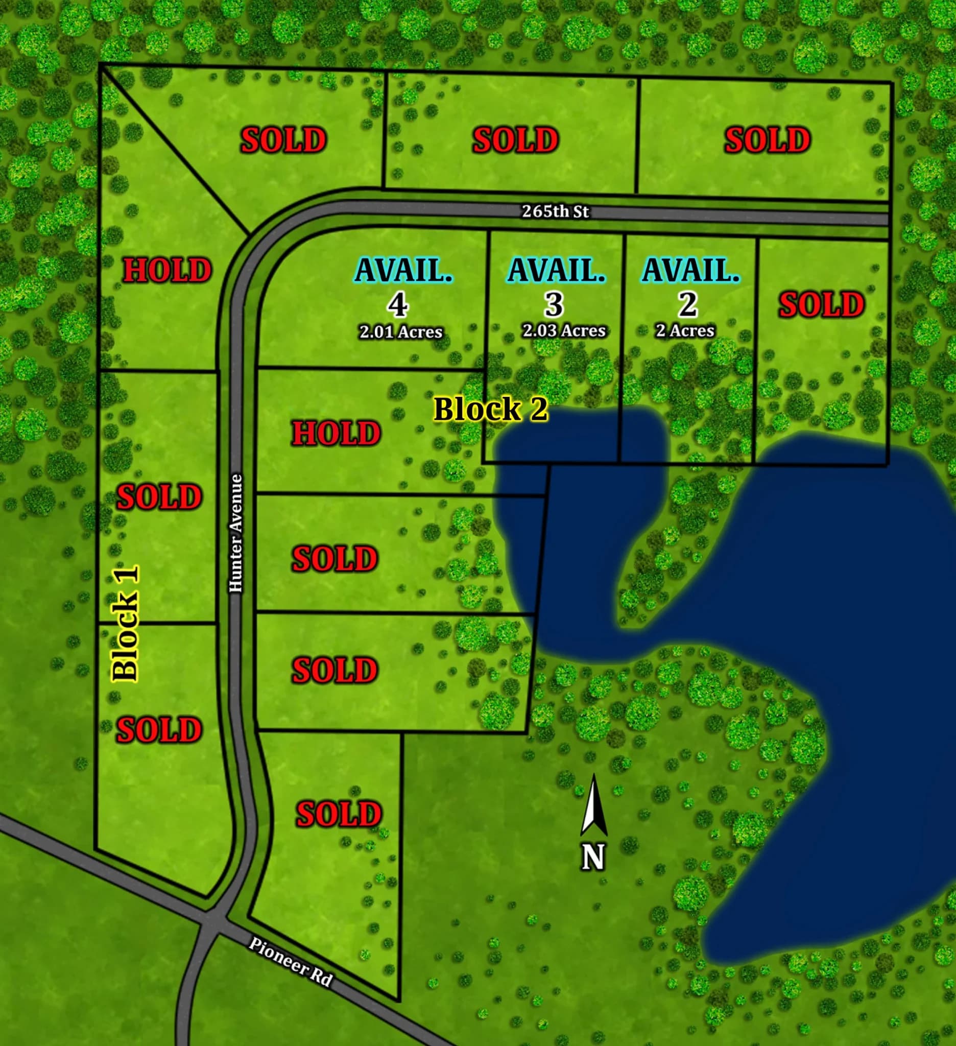 Acreage development plat map showing wooded lots and access roads